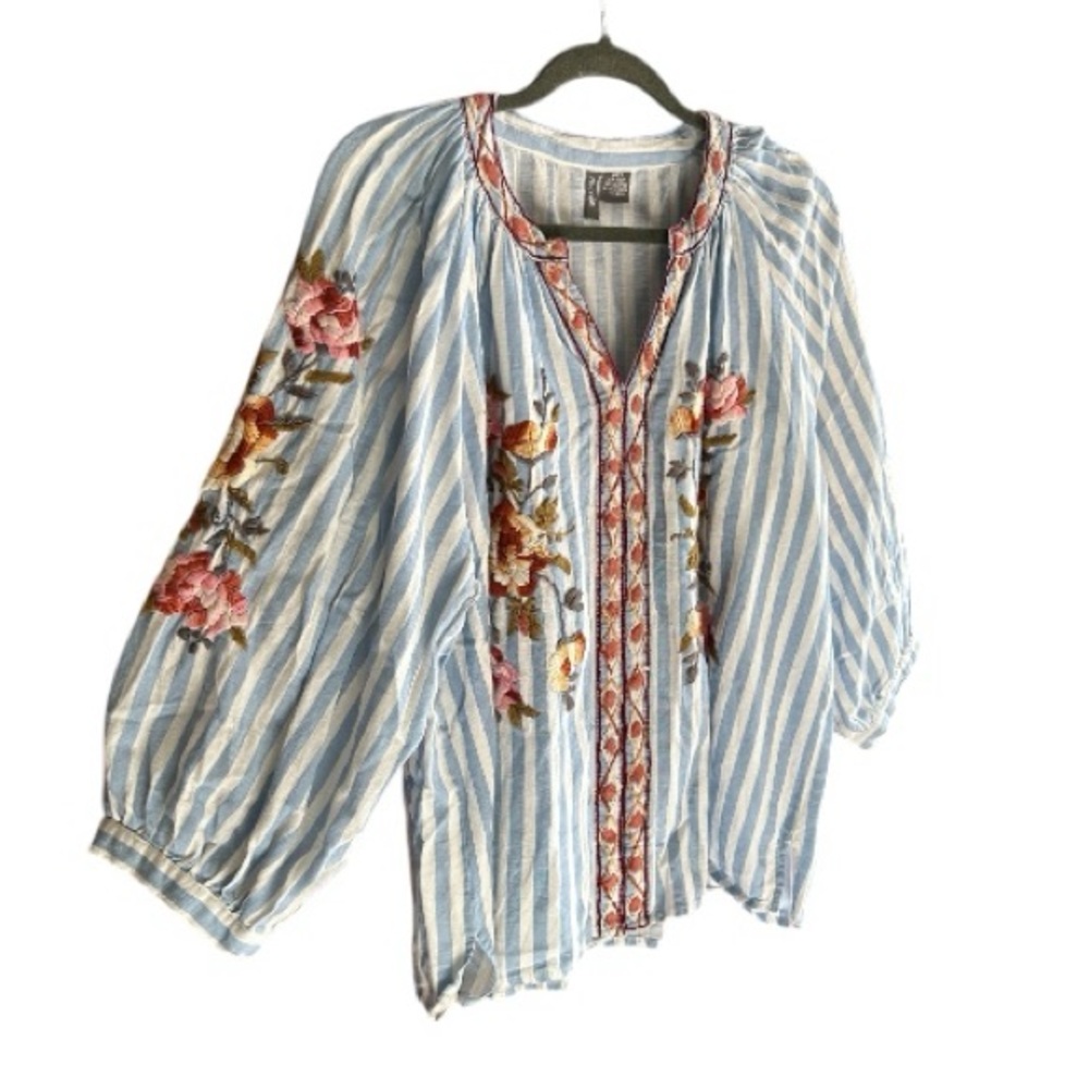 ANU‎ Cotton Floral Embroidered Boho Striped Top L-XL - Picture 2 of 9